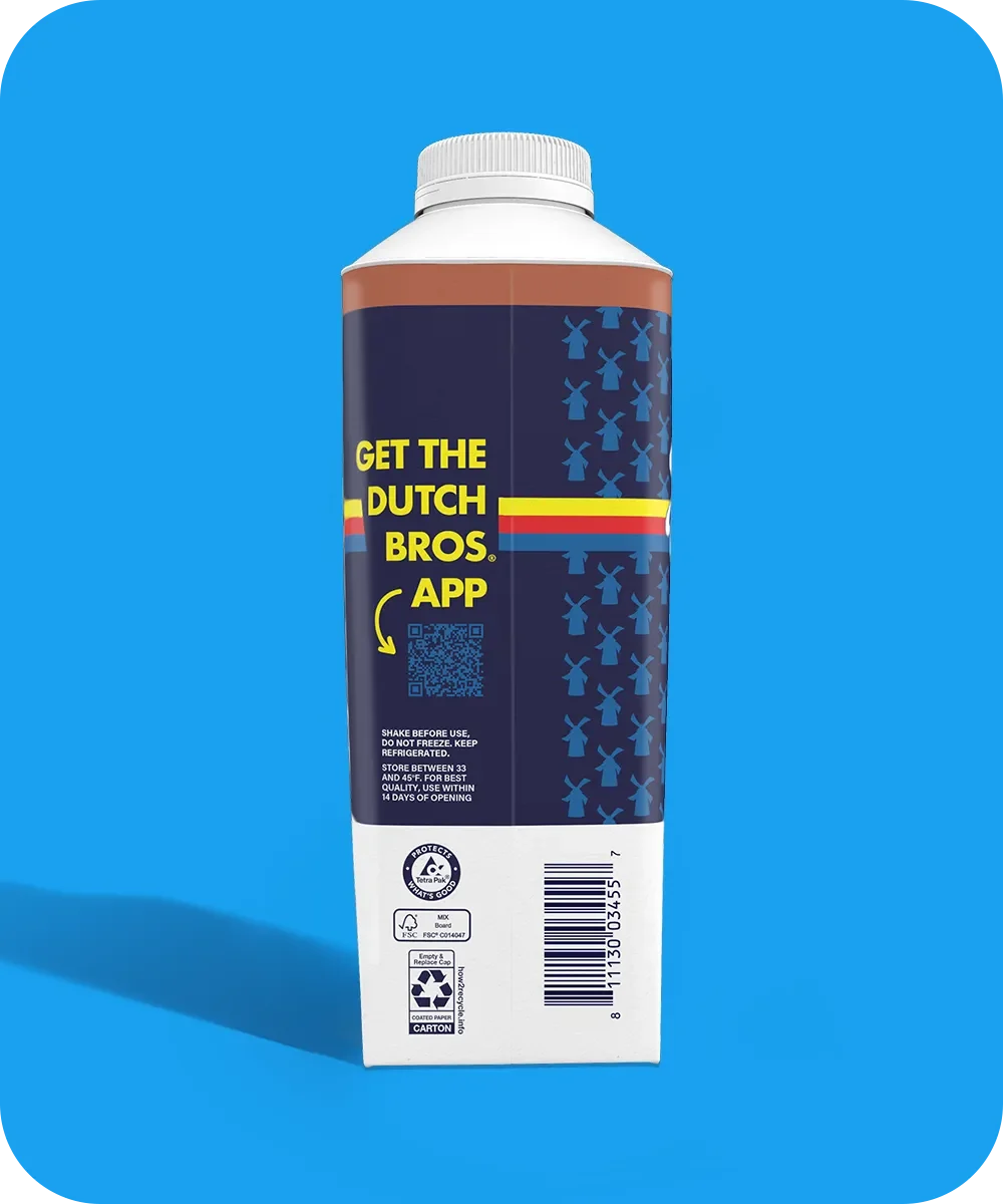 Dutch Bros coffee carton with navy blue label featuring windmill patterns and yellow text promoting their app with QR code.