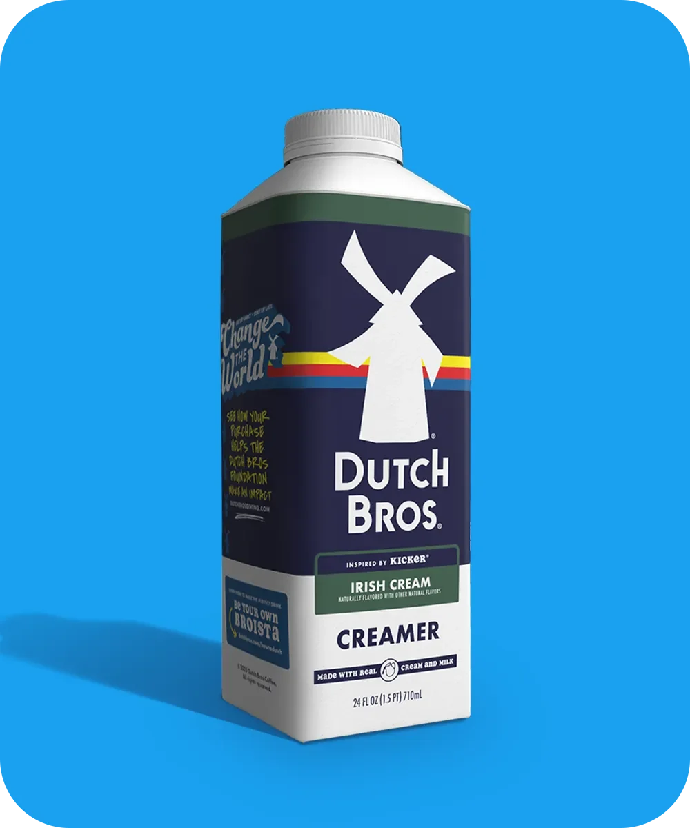 Dutch Bros Irish Cream coffee creamer carton with windmill logo on blue background, 24 fl oz size.