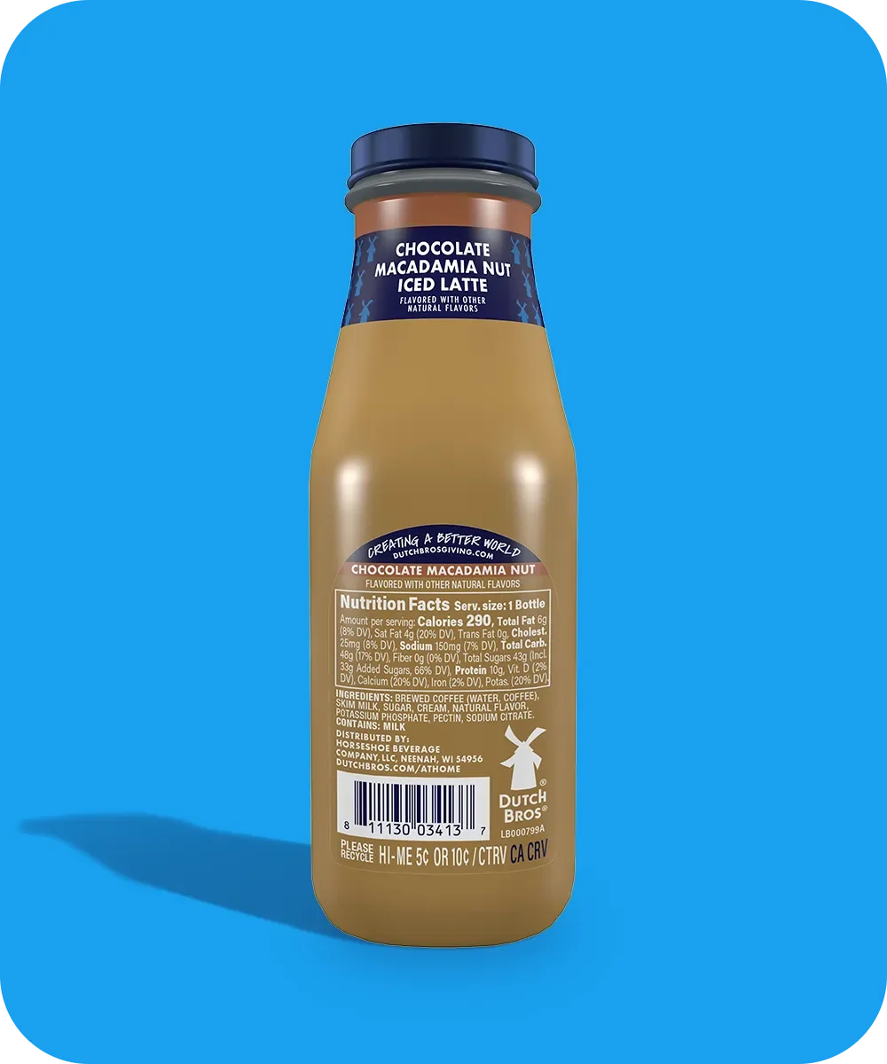Bottle of Dutch Bros Chocolate Macadamia Nut Iced Latte against bright blue background, showing nutrition facts.