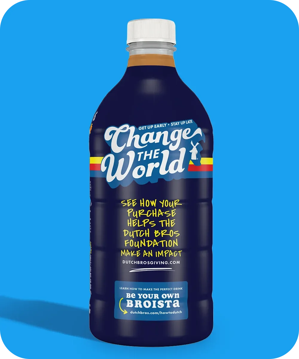 Dark blue Dutch Bros bottle labeled "Change the World" with information about their foundation against bright blue background.