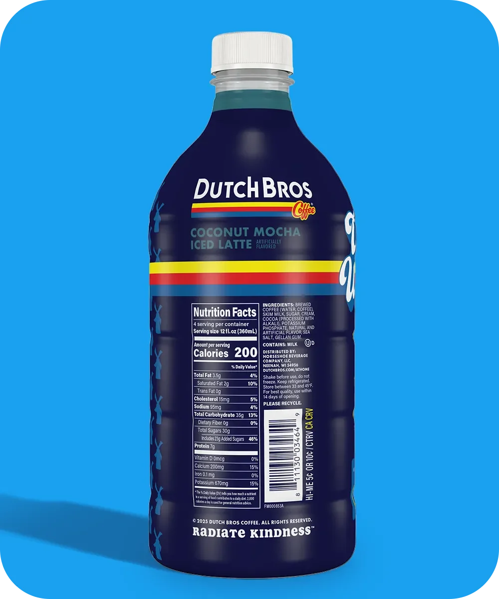 Dutch Bros Coconut Mocha Iced Latte bottle showing nutrition facts on a bright blue background.