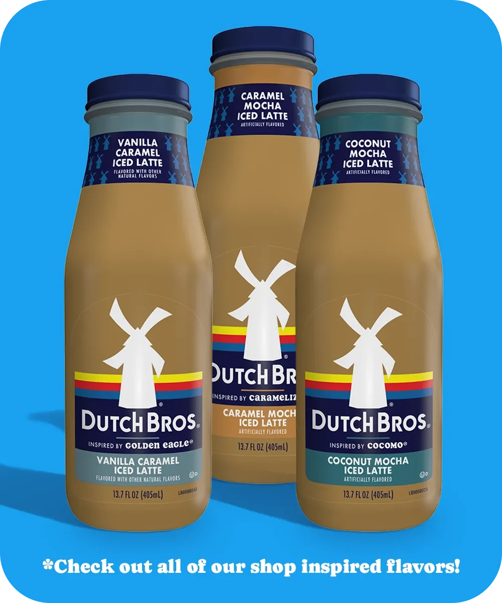 Three Dutch Bros bottled iced lattes in different flavors: Vanilla Caramel, Caramel Mocha, and Coconut Mocha against blue background.