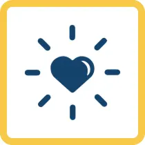A dark blue heart icon with radiating lines, set against a yellow square background.