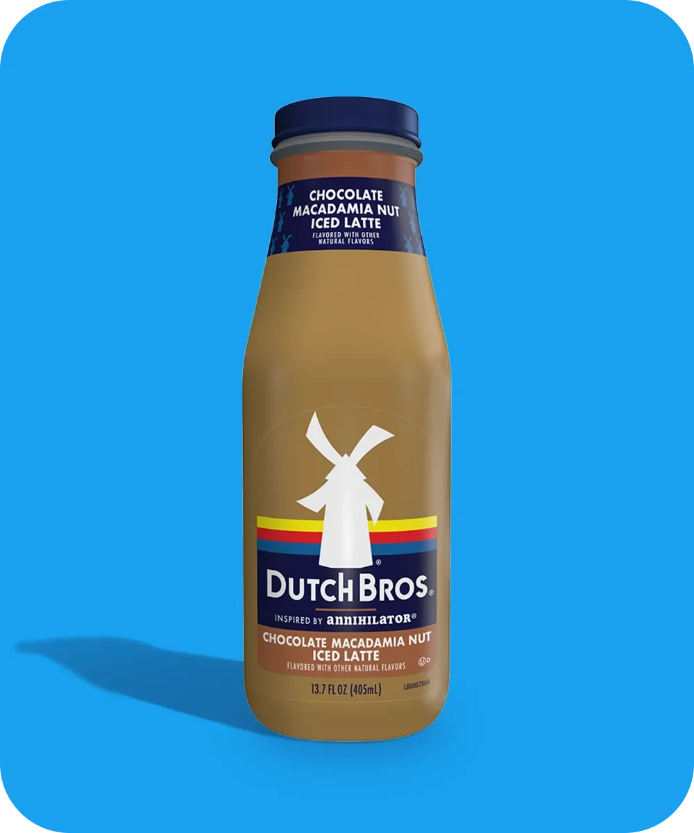 Dutch Bros bottle of Chocolate Macadamia Nut Iced Latte with windmill logo against bright blue background.