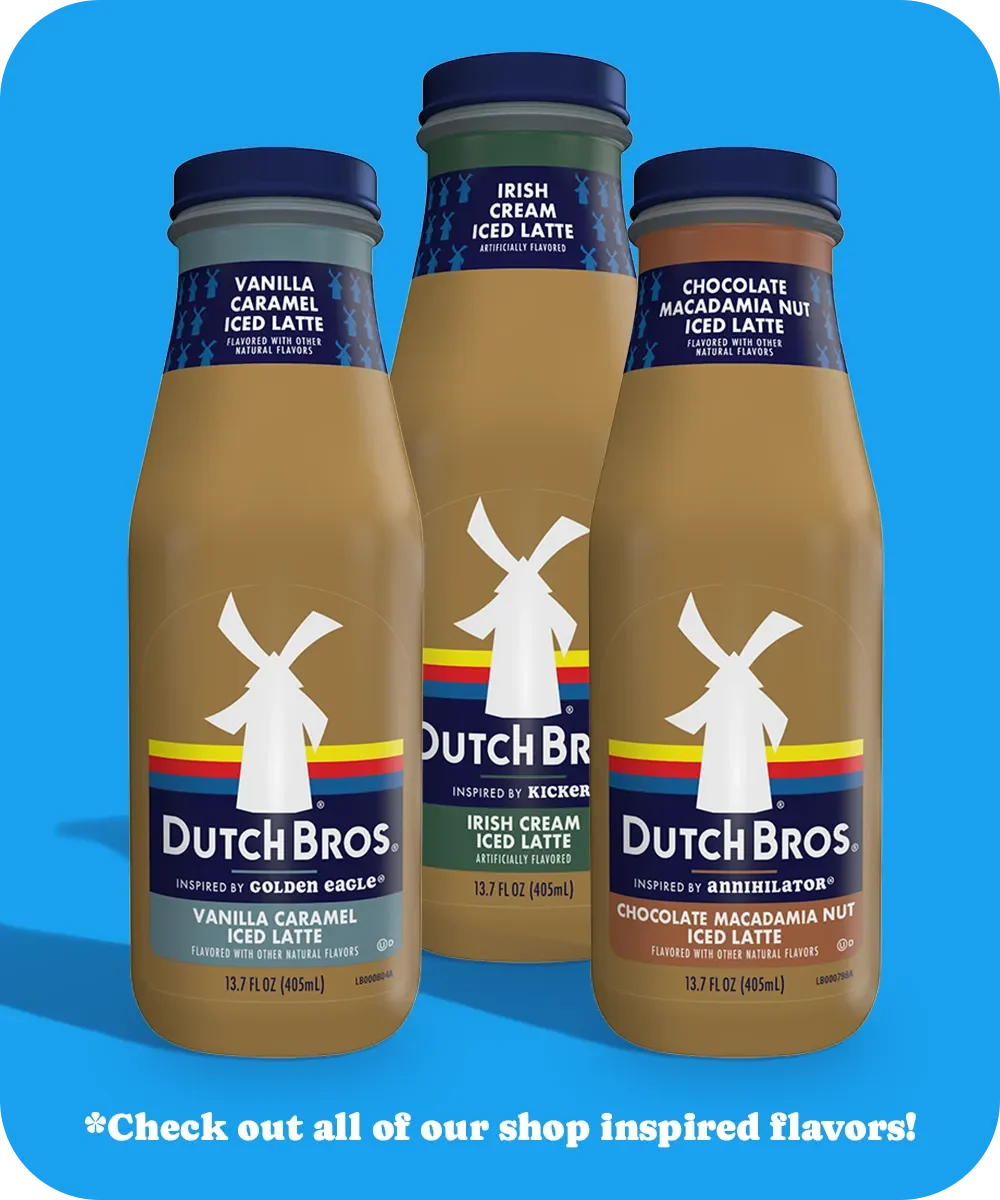 Three Dutch Bros bottled iced lattes in different flavors: Vanilla Caramel, Irish Cream, and Chocolate Macadamia Nut.