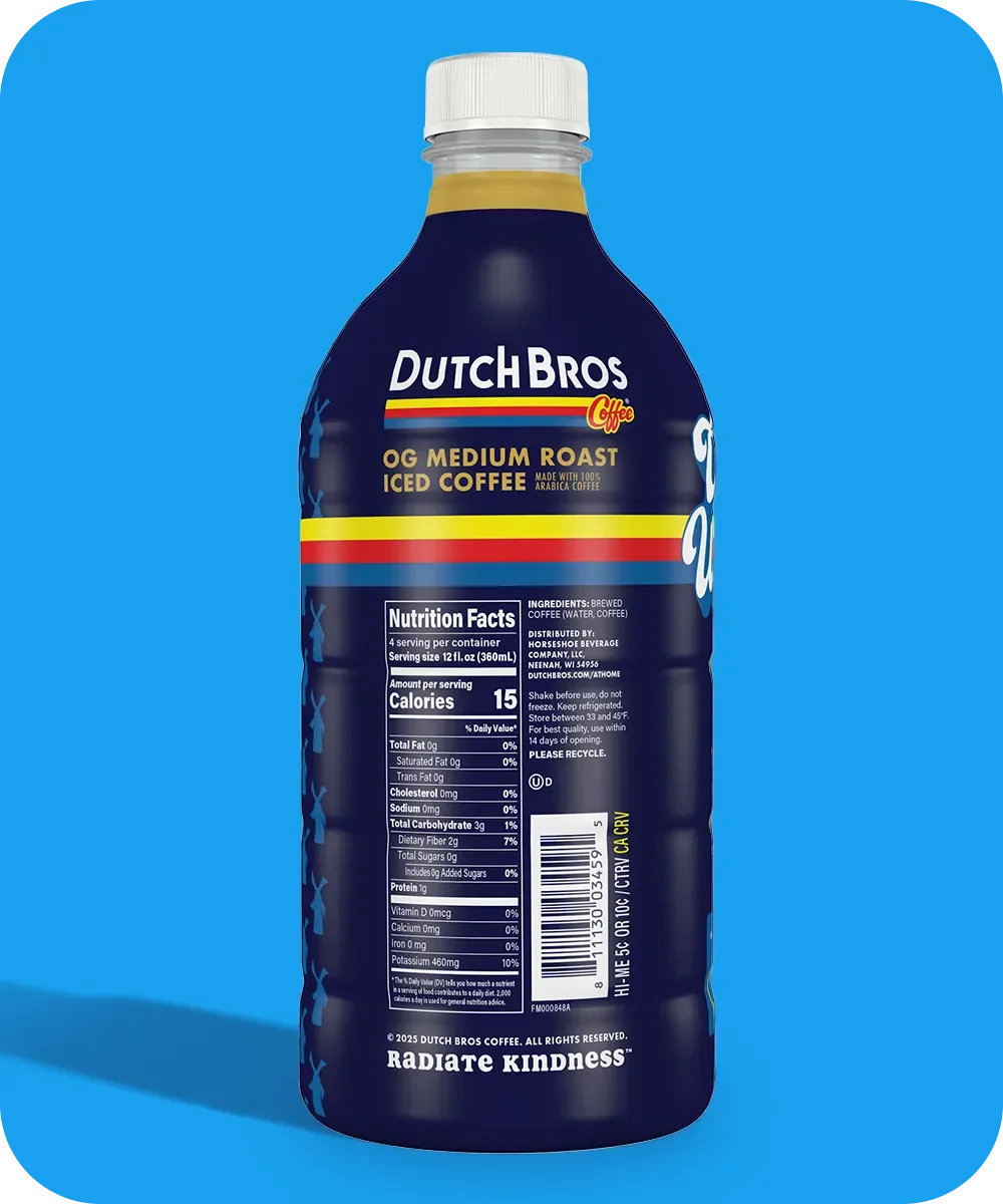 Dutch Bros OG Medium Roast Iced Coffee bottle showing nutrition facts, against bright blue background.